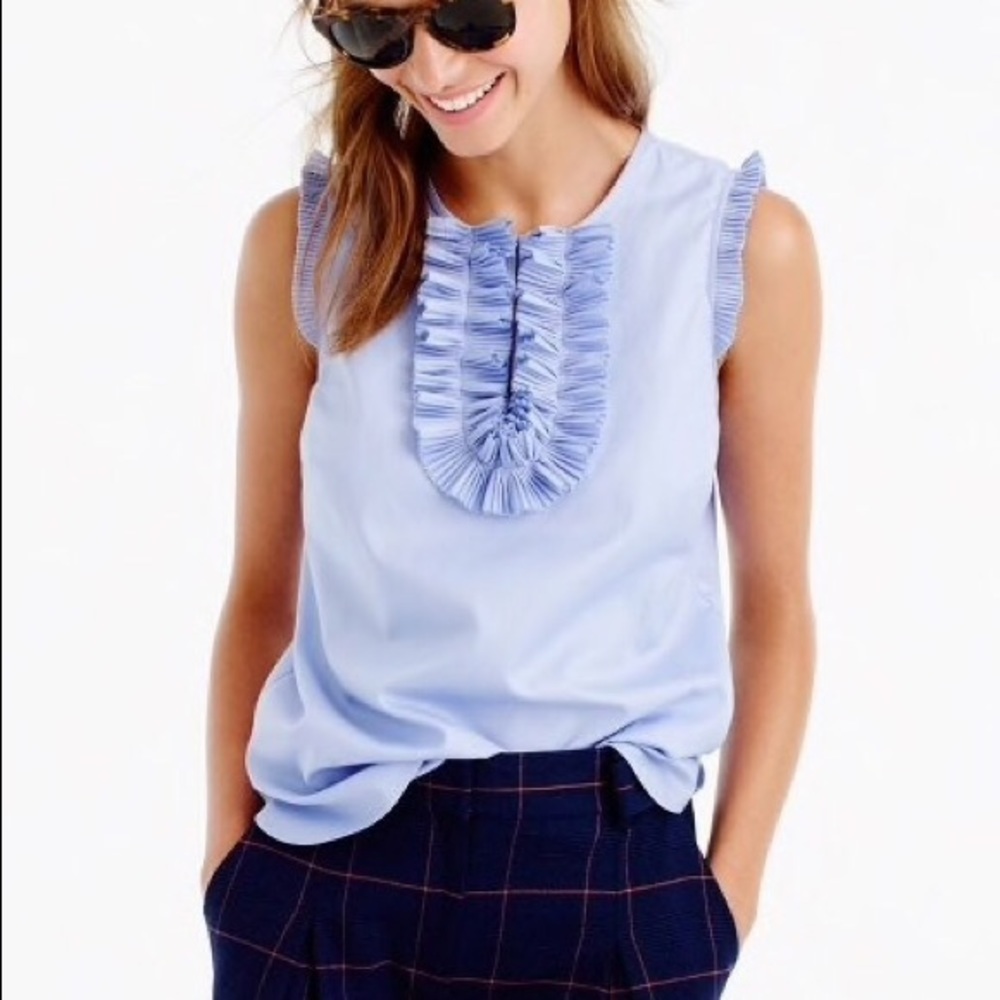 J. Crew Margot Ruffle Trim Sleeveless Blue Top